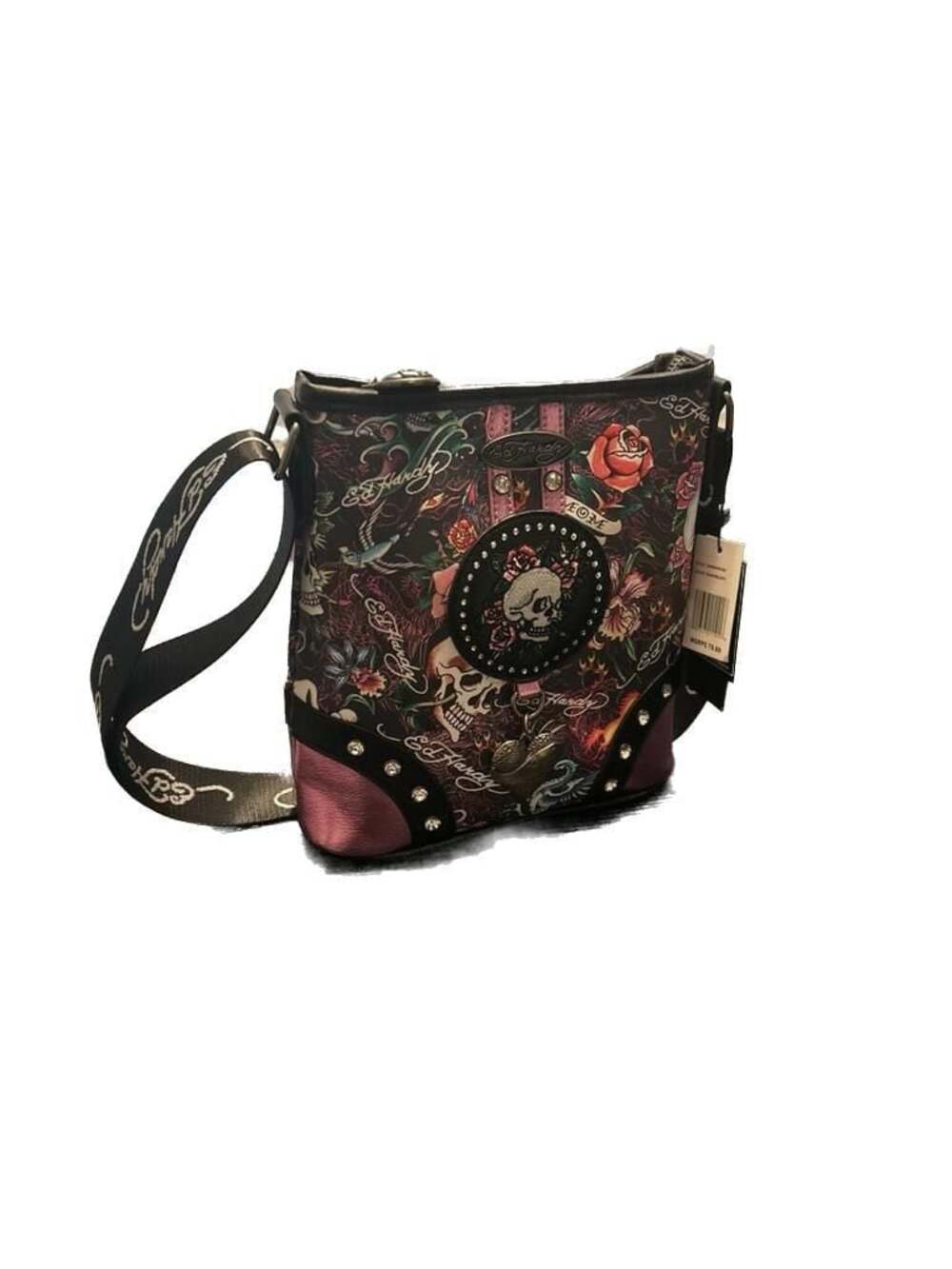 Ed Hardy Tattoo Print Skull & Roses Crossbody Bag with Rhinestone Detail
